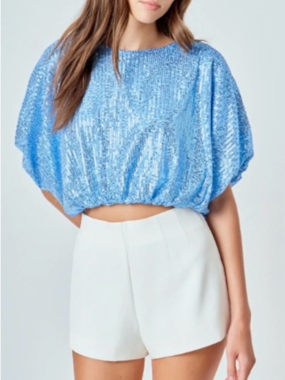 Endless Rose Blue Sequins cropped puff top